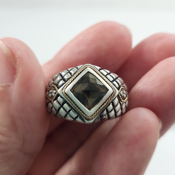 ELEGANZA Smoky Quartz, Diamonds, 925 Silver, 18K Gold ring, size 6, preloved - Picture 3 of 8